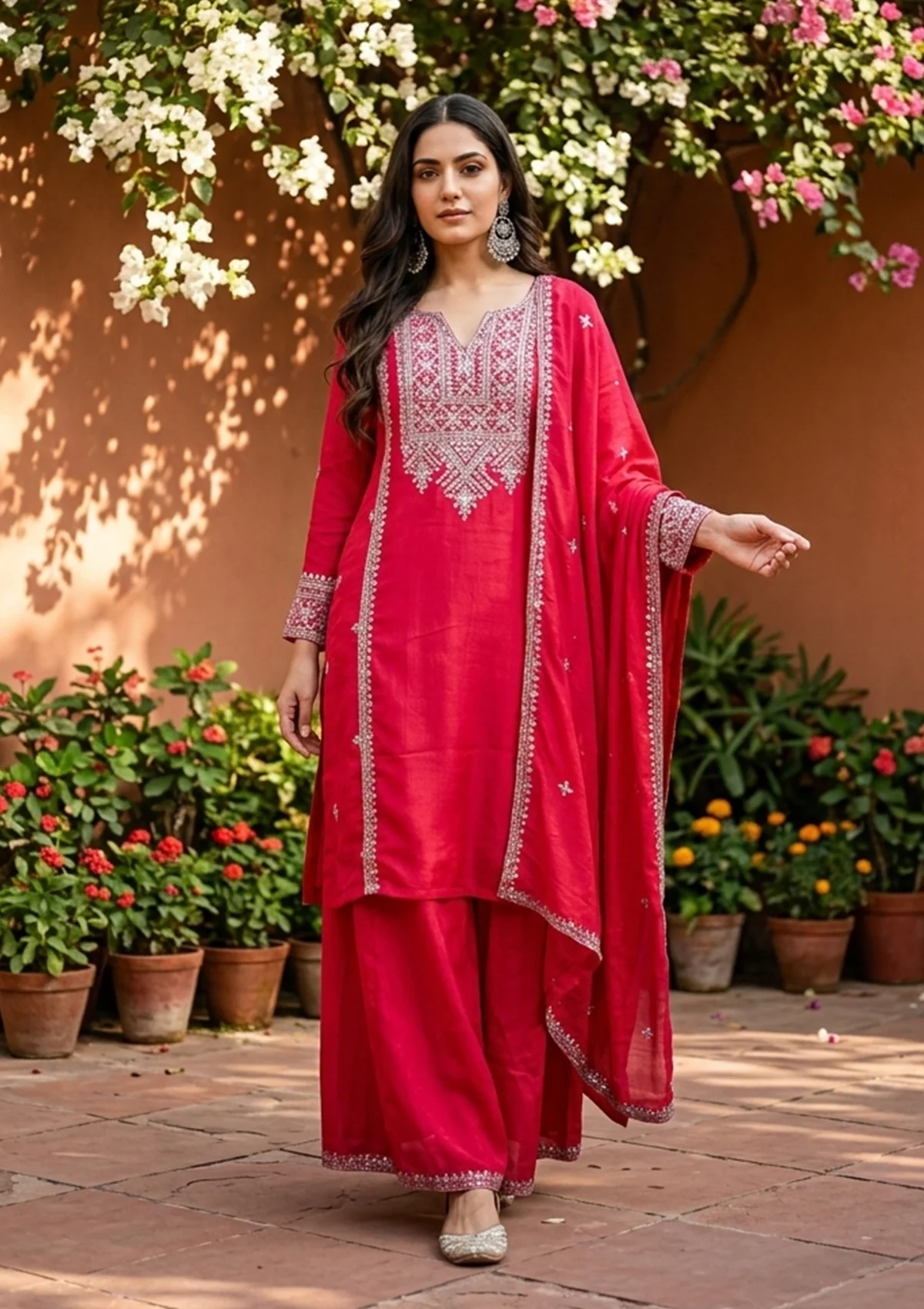 Rani Pink Soft Raw Silk Antique Zariwork A Line Kurta With Pant Regular And Dupatta
